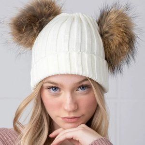 White Double Natural Pomkin Fur Pom Hat